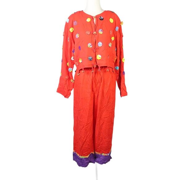 Vintage 90s Nativewear Designs Red 2 Piece Jacket and Pants Set S - Picture 1 of 8